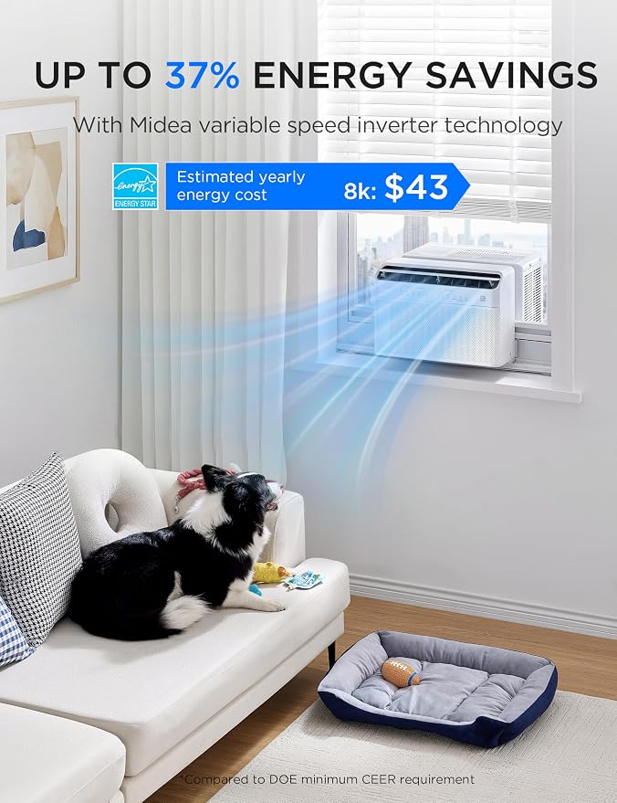 8,000 BTU U Shaped Smart Inverter Window Air Conditioner - Cools 350 Sq Ft, Ultra Quiet with Open Window Flexibility