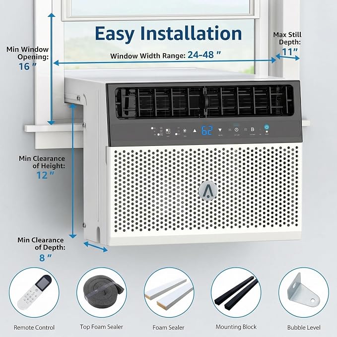 8,000 BTU U-Shaped Window Air Conditioner with Smart App & Remote, 6-in-1 Cooling, Cools Up to 400 Sq.Ft, Ultra Quiet, Energy
