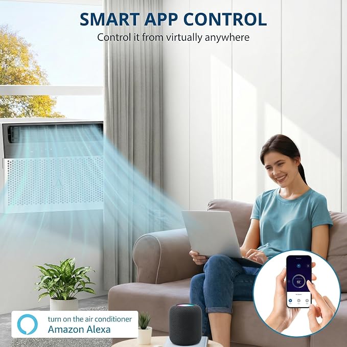8,000 BTU U-Shaped Window Air Conditioner with Smart App & Remote, 6-in-1 Cooling, Cools Up to 400 Sq.Ft, Ultra Quiet, Energy