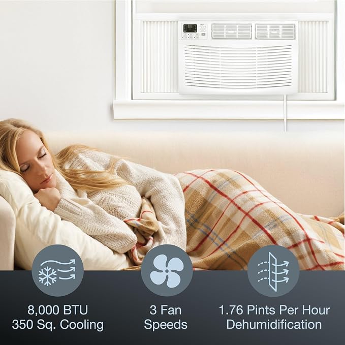 8,000 BTU Window Air Conditioner with Dehumidifier, 115V, Window AC for Rooms up to 350 Sq. Ft., Bedrooms, Bathrooms, and