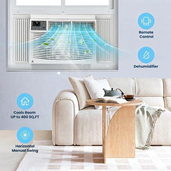 8,000 BTU Window Air Conditioner with Smart App & Remote, 3-in-1 Cooling, Cools Up to 400 Sq.Ft, Energy Efficient, 3 Fan