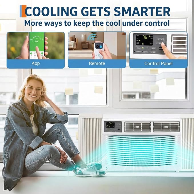 8,000 BTU Window Air Conditioner with Smart App & Remote, 3-in-1 Cooling, Cools Up to 400 Sq.Ft, Energy Efficient, 3 Fan