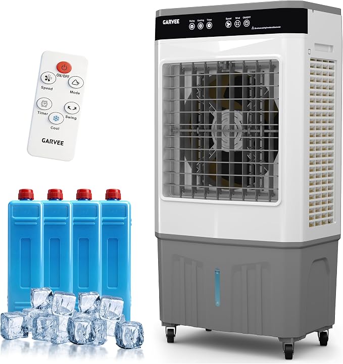 8.4Gal Portable Evaporative Air Cooler, 3500 CFM cooler with Remote, Adjustable Vertical & Horizontal Airflow, 3