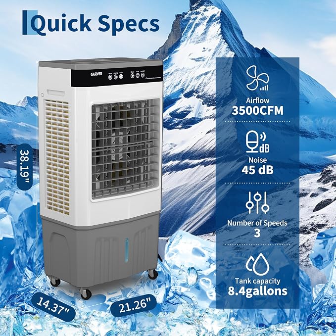 8.4Gal Portable Evaporative Air Cooler, 3500 CFM cooler with Remote, Adjustable Vertical & Horizontal Airflow, 3, alternate