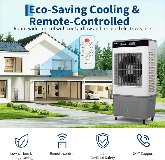 8.4Gal Portable Evaporative Air Cooler, 3500 CFM cooler with Remote, Adjustable Vertical & Horizontal Airflow, 3, alternate