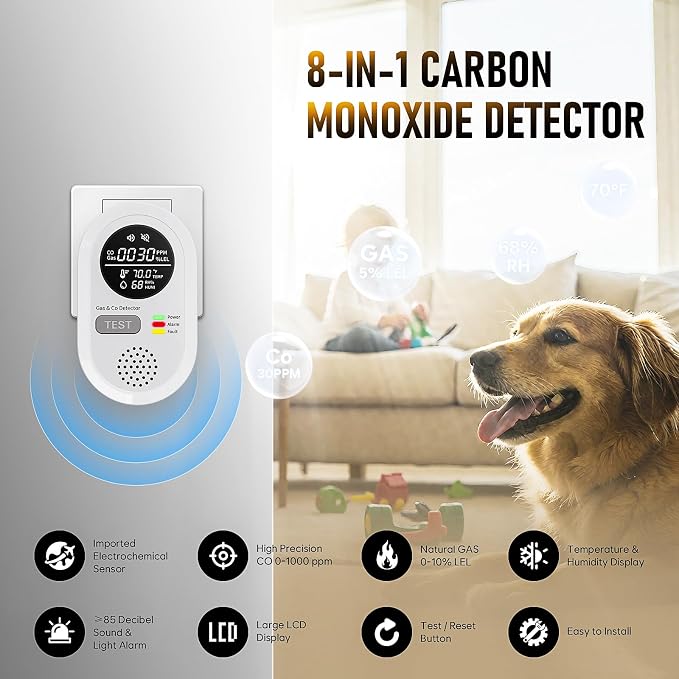 8-in-1 Natural Gas Leak Detector & Carbon Monoxide Detectors - Monitor CO, Natural Gas, Temperature & Humidity HD Screen with