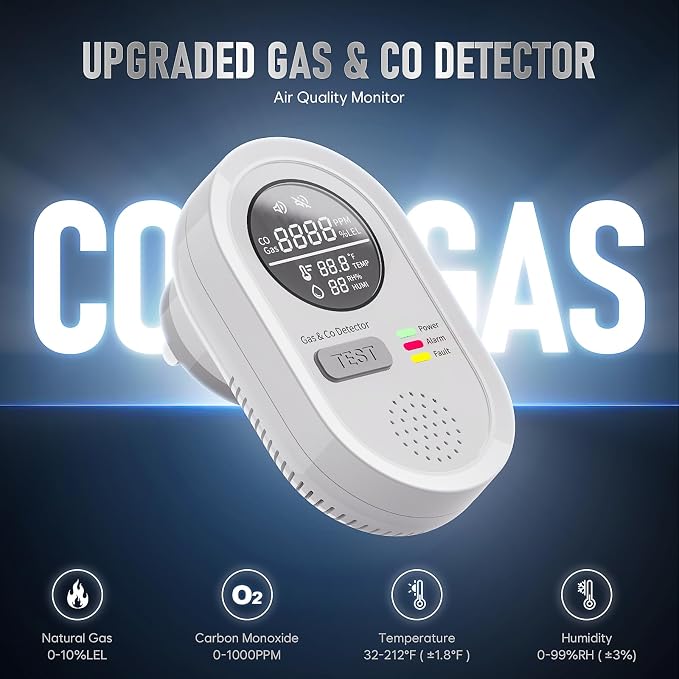 8-in-1 Natural Gas Leak Detector & Carbon Monoxide Detectors - Monitor CO, Natural Gas, Temperature & Humidity HD Screen with