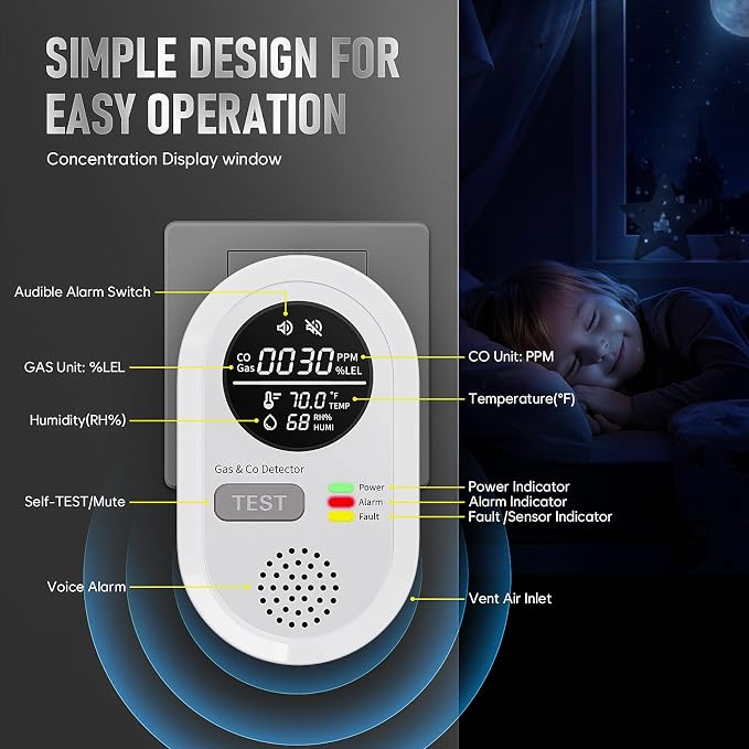 8-in-1 Natural Gas Leak Detector & Carbon Monoxide Detectors - Monitor CO, Natural Gas, Temperature & Humidity HD Screen with