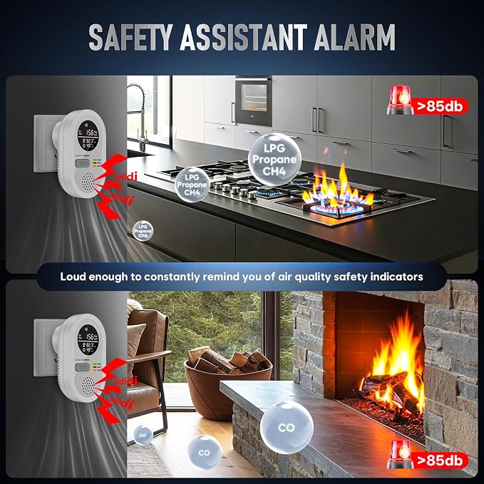 8-in-1 Natural Gas Leak Detector & Carbon Monoxide Detectors - Monitor CO, Natural Gas, Temperature & Humidity HD Screen with