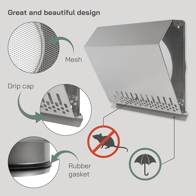 8" Inch Air Supply Vent Cover with Rubber Gasket - Stainless Steel - Robust Weatherproof Outdoor Air Intake Box, alternate