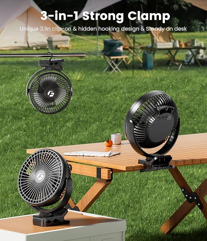 8-inch Clip-on Fan - 12000mAh Portable Rechargeable Battery With 3 Speeds and Strong Airflow, USB Small Desk Personal Quiet