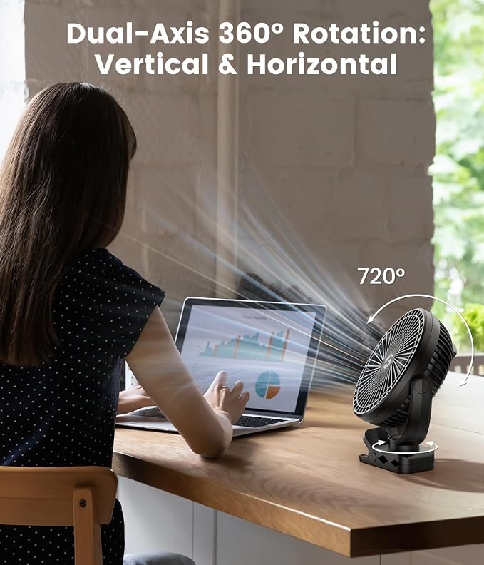 8-inch Clip-on Fan - 12000mAh Portable Rechargeable Battery With 3 Speeds and Strong Airflow, USB Small Desk Personal Quiet