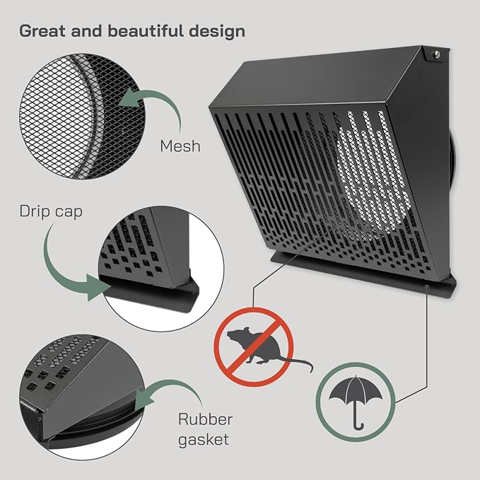 8" Inch Exhaust Vent Cover with Rubber Gasket - Graphite Black Galvanized Steel - Robust and Weatherproof Outdoor Air Exhaust