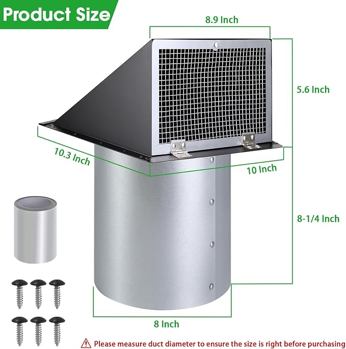 8 inch Hooded Wall Vent with Screen and Damper,Outdoor Wall Vent Cover Exhaust Vent Duct Cap,8" Exterior Vent Cover for