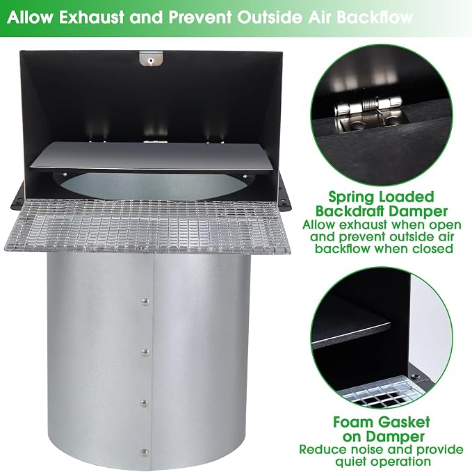 8 inch Hooded Wall Vent with Screen and Damper,Outdoor Wall Vent Cover Exhaust Vent Duct Cap,8" Exterior Vent Cover for