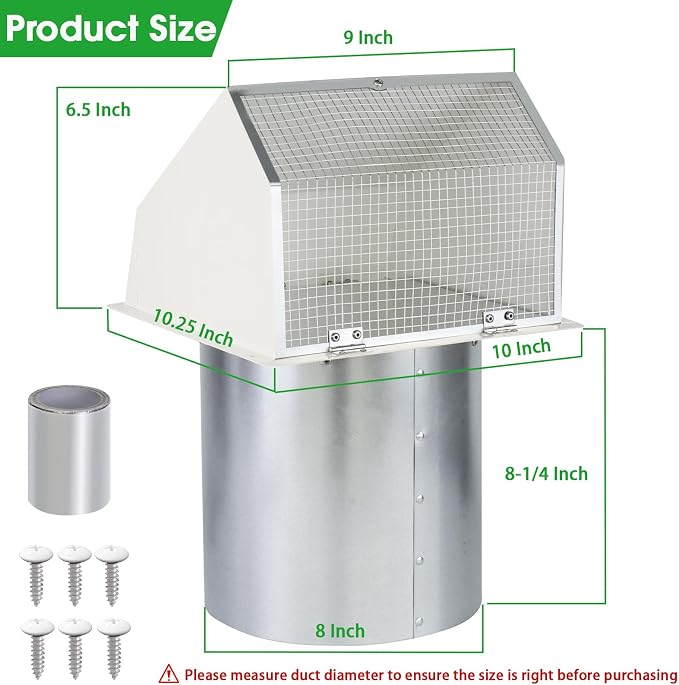 8 Inch Hooded Wall Vent with Screen and Damper, Outdoor Wall Exhaust Vent Cover Wall Cap for Exterior Kitchen, alternate view