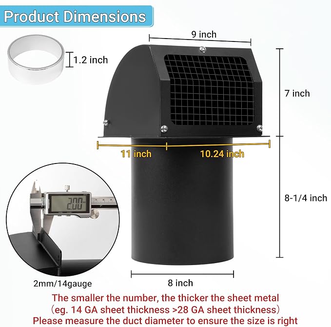 8 Inch Hooded Wall Vent with Screen, Damper, 8-1/4" Length Duct, 14 Gauge Steel Vent Covers for Wall, Wall Vent, alternate