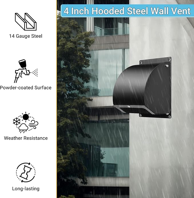 8 Inch Hooded Wall Vent with Screen, Damper, 8-1/4" Length Duct, 14 Gauge Steel Vent Covers for Wall, Wall Vent, alternate