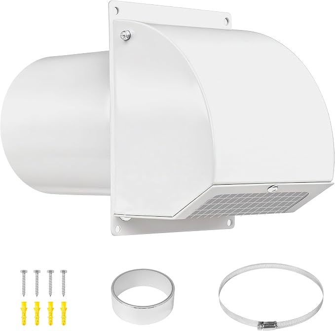 8 Inch Hooded Wall Vent with Screen, Damper, 8-1/4" Length Duct, 14 Gauge Steel Vent Covers for Wall, Wall Vent