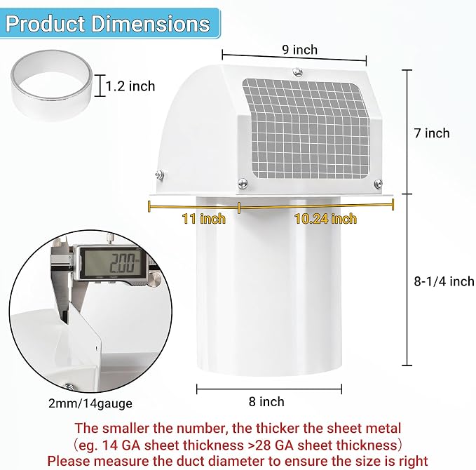 8 Inch Hooded Wall Vent with Screen, Damper, 8-1/4" Length Duct, 14 Gauge Steel Vent Covers for Wall, Wall Vent, alternate