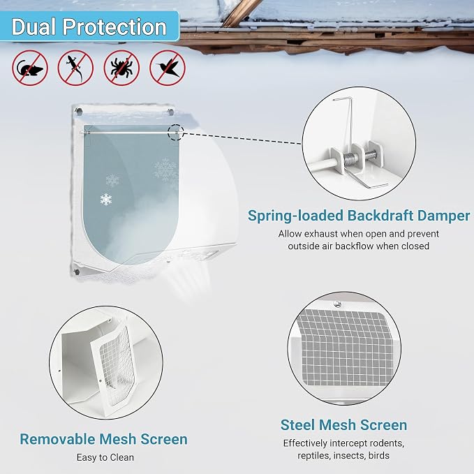 8 Inch Hooded Wall Vent with Screen, Damper, 8-1/4" Length Duct, 14 Gauge Steel Vent Covers for Wall, Wall Vent, alternate