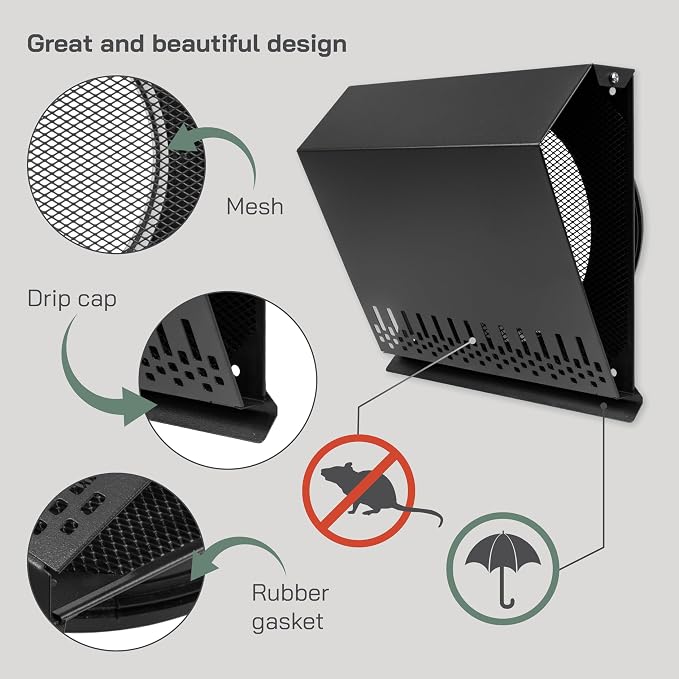 8" Inch Supply Vent Cover with Rubber Gasket - Graphite Black Galvanized Steel - Robust and Weatherproof Outdoor, alternate