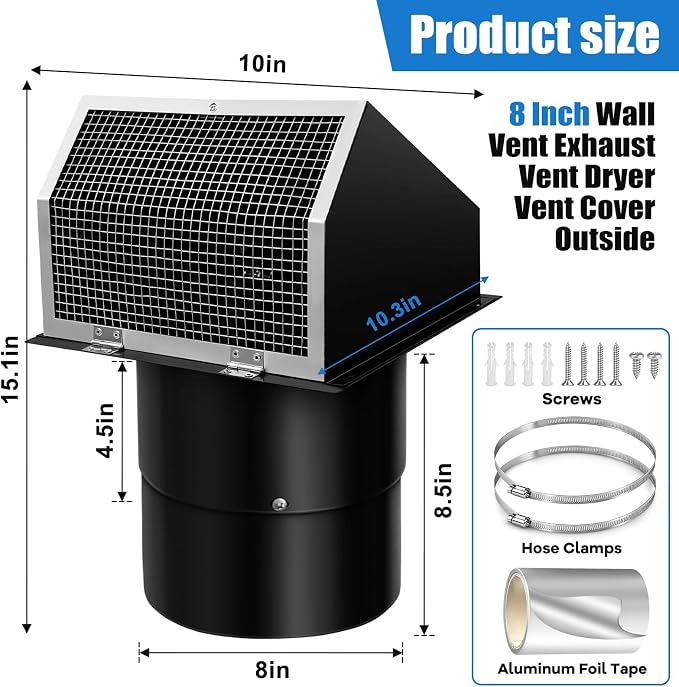 8 Inch Wall Vent Cap Hood Wall Microwanve Exhaust Vent Cover Cap for Kitchen Exhaust Range Dryer Bathroom Fan HVAC Duct Hood