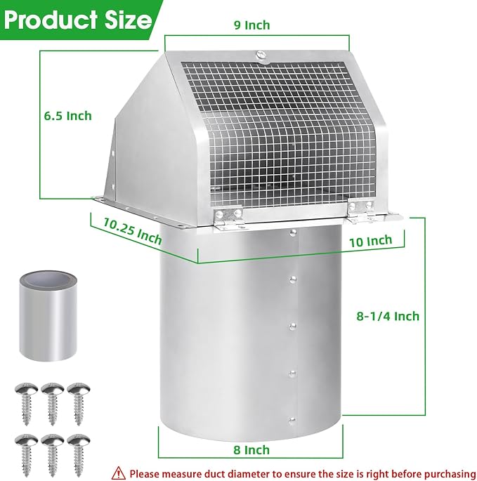 8 inch Wall Vent Ccover,Exhaust Vent Hooded Wall Vent with Screen and Damper,Outdoor Wall Exhaust Vent Cap Exterior Air Vent