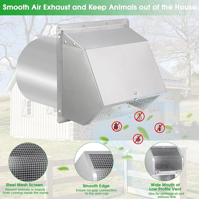 8 inch Wall Vent Ccover,Exhaust Vent Hooded Wall Vent with Screen and Damper,Outdoor Wall Exhaust Vent Cap Exterior Air Vent