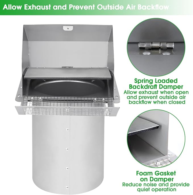 8 inch Wall Vent Ccover,Exhaust Vent Hooded Wall Vent with Screen and Damper,Outdoor Wall Exhaust Vent Cap Exterior Air Vent