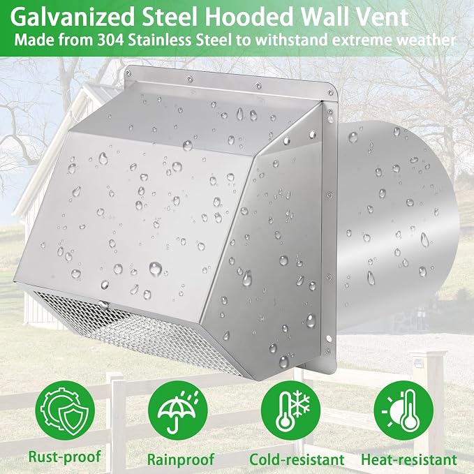 8 inch Wall Vent Ccover,Exhaust Vent Hooded Wall Vent with Screen and Damper,Outdoor Wall Exhaust Vent Cap Exterior Air Vent