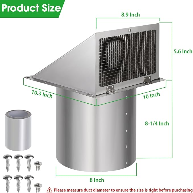 8 Inch Wall Vent, Hooded Wall Vent with Screen and Damper, Outdoor Wall Exhaust Vent Cover Exterior Wall Mount, alternate