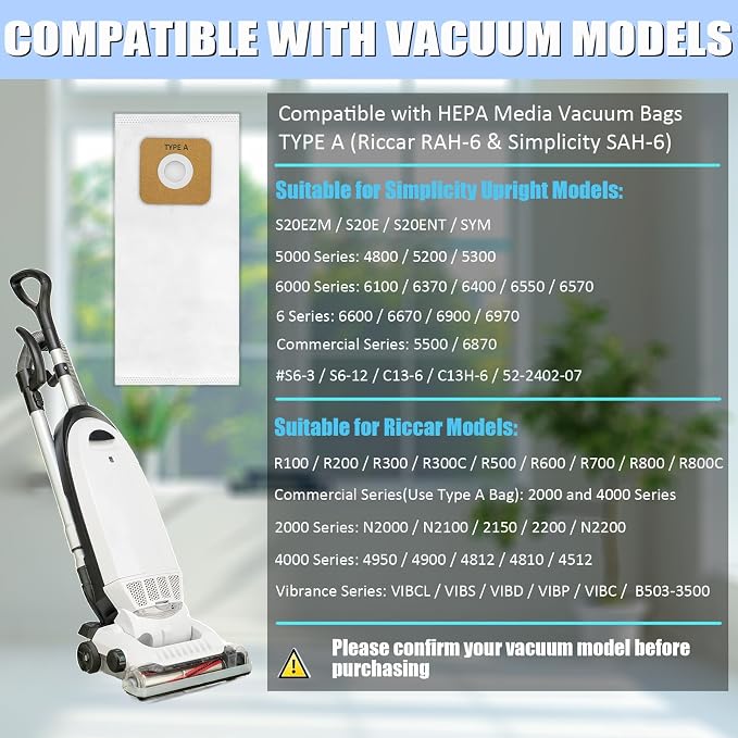 8 Pack Type A HEPA Vacuum Bags Compatible with Most Vibrance, 2000/4000, R-Series & Simplicity Symmetry, S20EZM