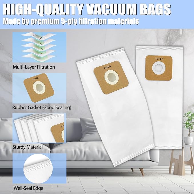 8 Pack Type A HEPA Vacuum Bags Compatible with Most Vibrance, 2000/4000, R-Series & Simplicity Symmetry, S20EZM