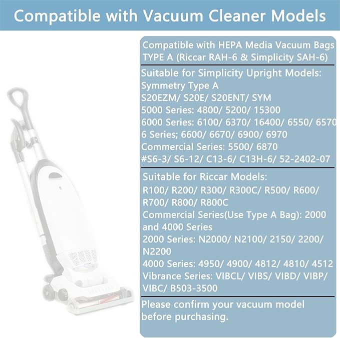 8 Pack Type A HEPA Vacuum Bags Replacement for Most Vibrance, 2000/4000/ R-Series/Simplicity Symmetry, Vacuum Bags for