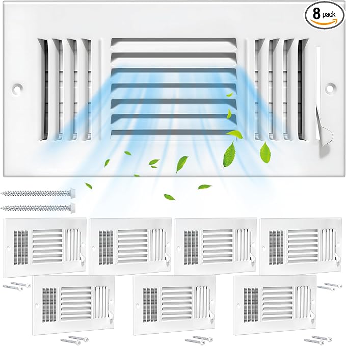 8 Pcs 10x6 Inch Air Vent Covers - 3-Way Solid Metal Wall & Ceiling Register, Return Air Vent (White, Interior Size 10 x 6)