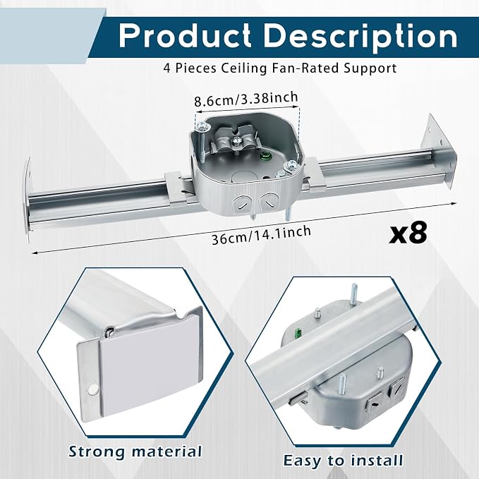 8 Pcs Adjustable Fan Electrical Box Brace for Ceiling Fans and Light Fixtures Ceiling Fan Mounting Bracket, 14.2 Inches in