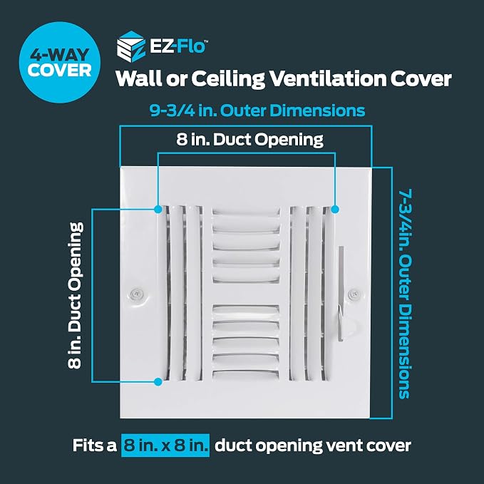 8 x 8 Inch (Duct Opening) Air Vent Cover for Wall or Ceiling, Four-Way Ventilation Register, Solid Steel HVAC, alternate view