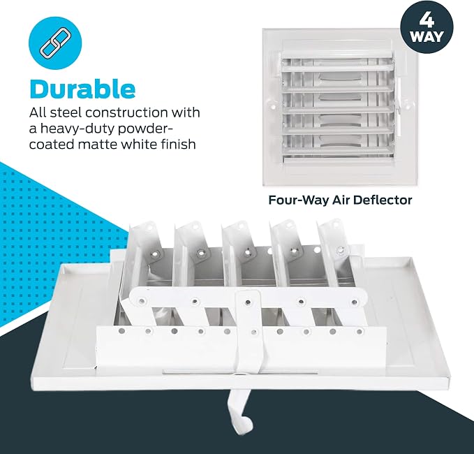 8 x 8 Inch (Duct Opening) Air Vent Cover for Wall or Ceiling, Four-Way Ventilation Register, Solid Steel HVAC, alternate view