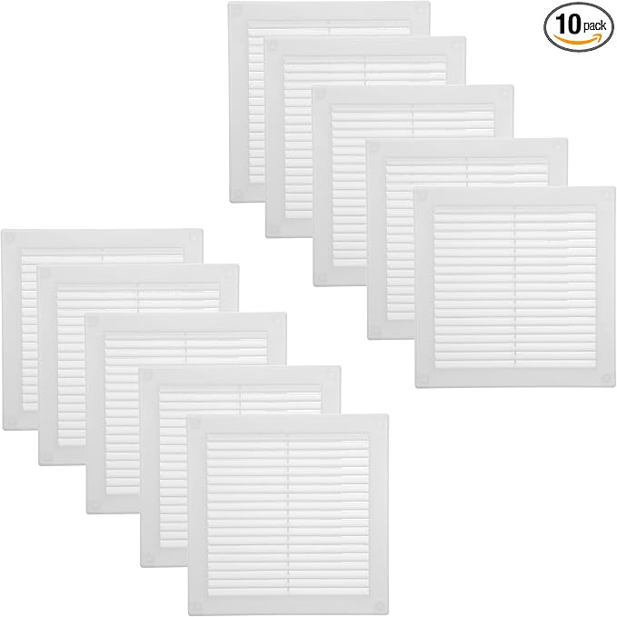 8" x 8" Inch (Opening Dimensions) - Pack of 10 - Plastic White Soffit Vent Cover - Flat Square Air Vent Grille
