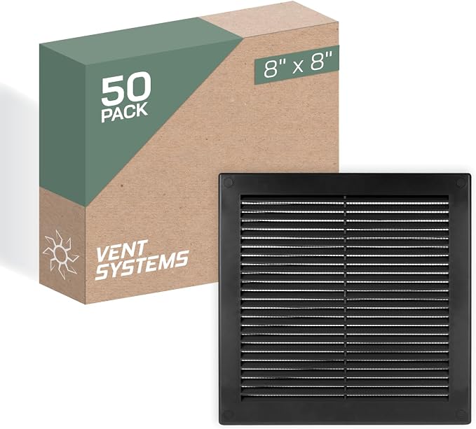 8" x 8" Inch (Opening Dimensions) - Pack of 50 - Plastic Black Soffit Vent Cover - Flat Square Air Vent Grille