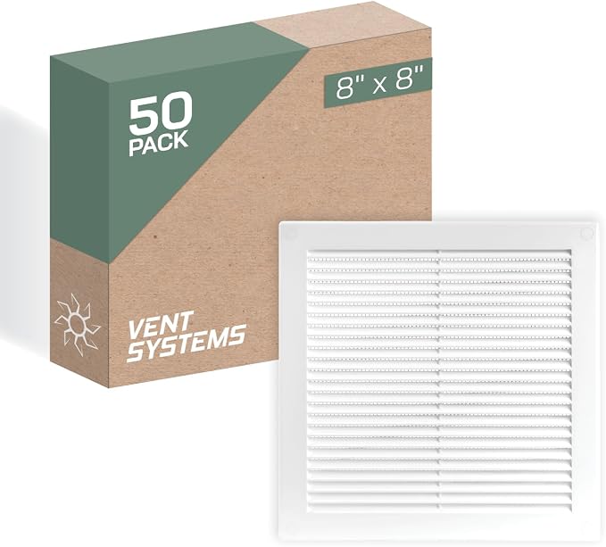 8" x 8" Inch (Opening Dimensions) - Pack of 50 - Plastic White Soffit Vent Cover - Flat Square Air Vent Grille