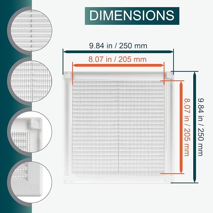 8'' x 8'' Inch Opening Measurement / White Square Vent External Grille with Protective Mesh - Lightweight Plastic Register /