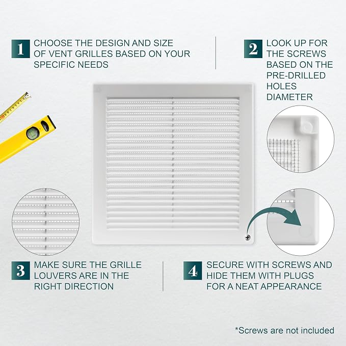 8'' x 8'' Inch Opening Measurement / White Square Vent External Grille with Protective Mesh - Lightweight Plastic Register /