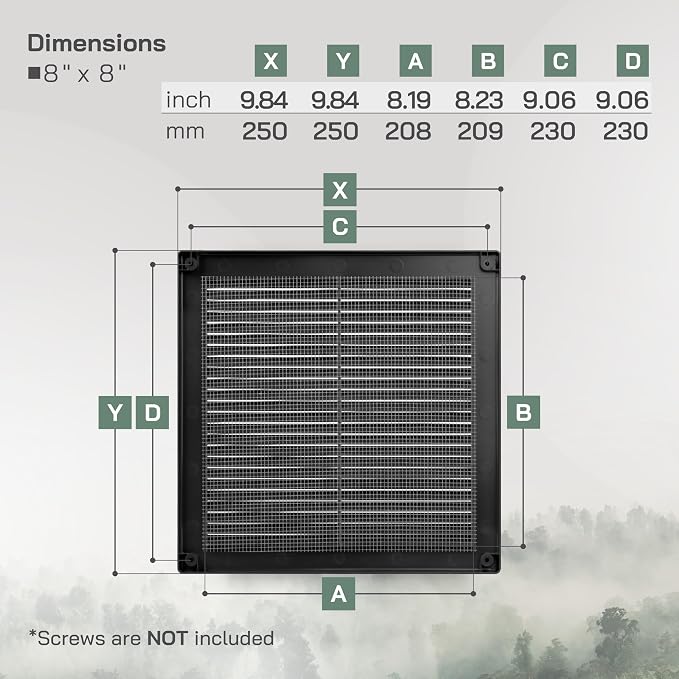 8" x 8" (Opening Dimensions) Black Plastic Soffit Vent Cover - Durable Flat Square Air Vent Grille with Mesh, alternate view