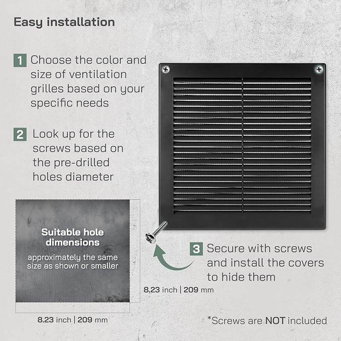 8" x 8" (Opening Dimensions) Black Plastic Soffit Vent Cover - Durable Flat Square Air Vent Grille with Mesh, alternate view