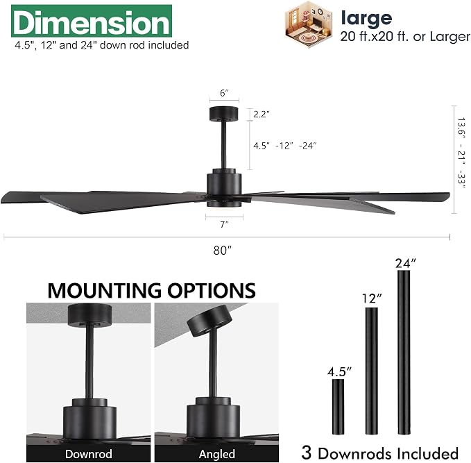 80" DC Ceiling Fan with Lights and 3 Downrods, Matte Black Ceiling Fan, 8 Plywood Blades, 6-Speed Reversible DC Motor, Large