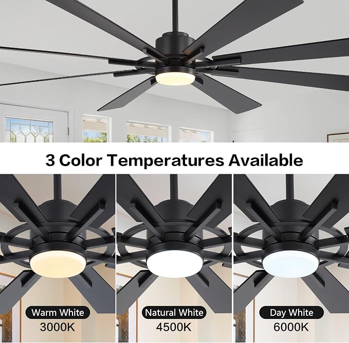 80" DC Ceiling Fan with Lights and 3 Downrods, Matte Black Ceiling Fan, 8 Plywood Blades, 6-Speed Reversible DC Motor, Large