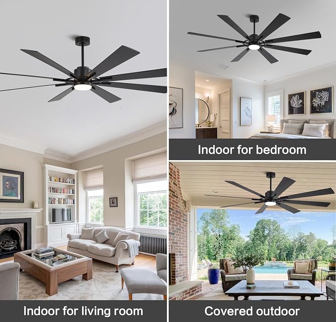 80" DC Ceiling Fan with Lights and 3 Downrods, Matte Black Ceiling Fan, 8 Plywood Blades, 6-Speed Reversible DC Motor, Large