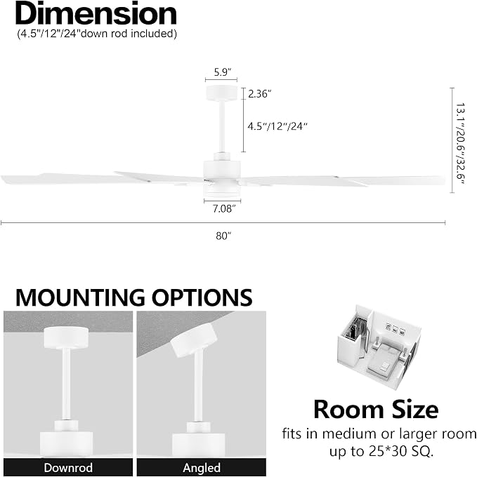 80 Inch Ceiling Fan with Lights and 3 Downrods, 8 Plywood Blades, 6-Speed Noiseless Reversible DC Motor, 3CCT, Windmill
